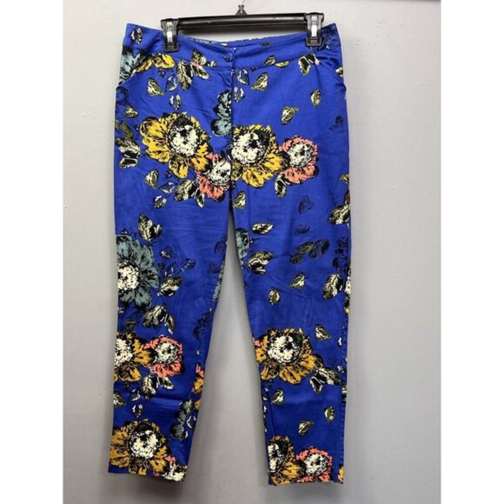 Darling floral pants Womens Medium Blue ankle pockets flat‎ front34